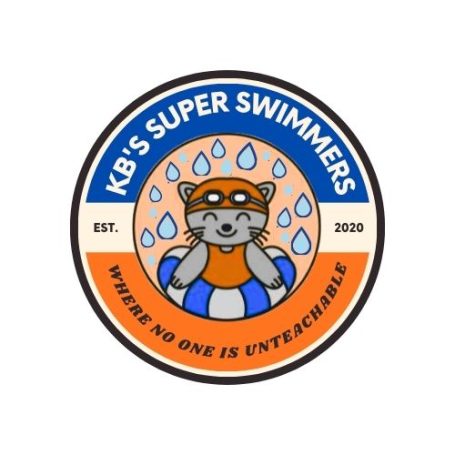 Logo for KB's Super Swimmers which contains a cat wearing a swim cap and goggles and a life preserver while standing in the center of a life preserver with the slogan "Where no one is unteachable" written on the bottom half